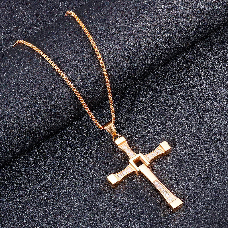 Mens Stainless Steel Hollow Cross Pendant with Zircon Detail
