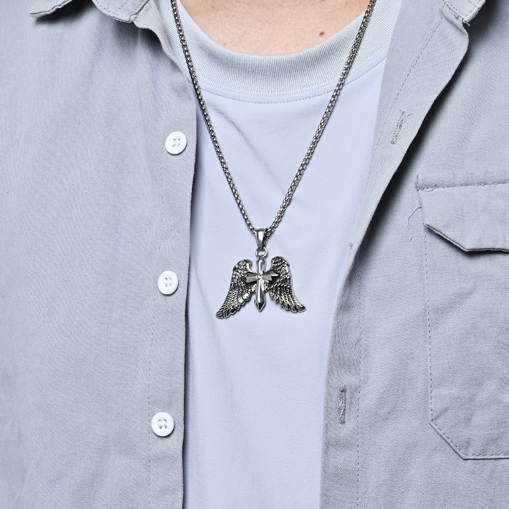 Cross-Border Vintage Archangel Double Wings Cross Necklace