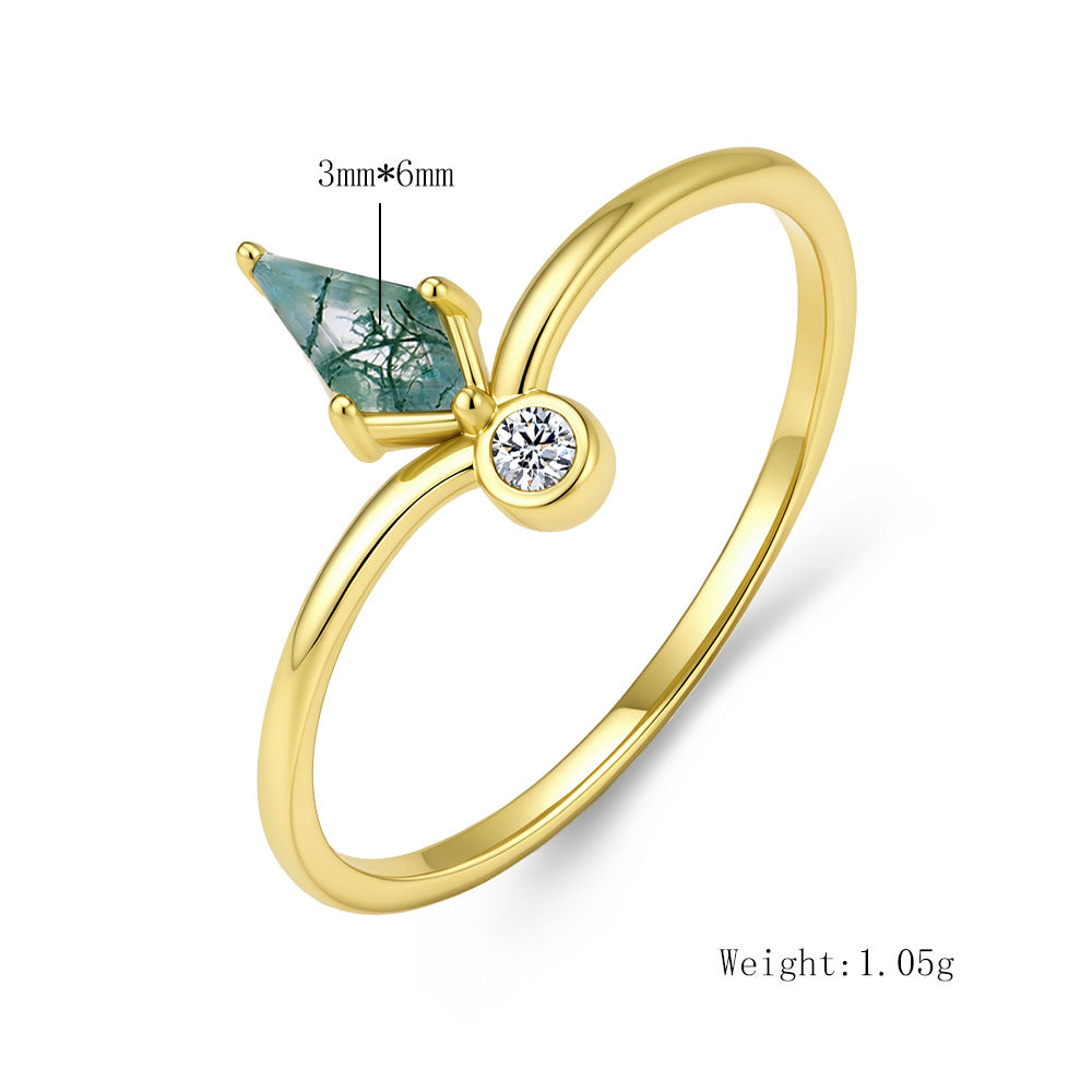 S925 Sterling Silver Aquatic Agate Ring, Crown Stacked With Natural Green Moss Stone
