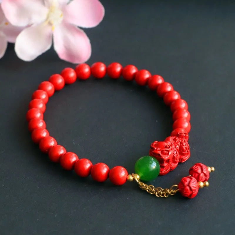 Red Sand Pixiu Fortune's Favor Sterling Silver Bracelet with Cinnabar Stone