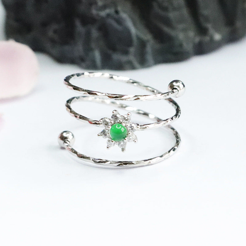 Sterling Silver Adjustable Ice Green Jade Sun Ring