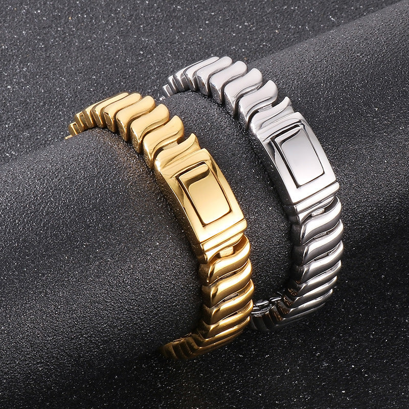 Titanium Steel Men's Bracelet with Polished Keel Chain and Wave Pattern Design