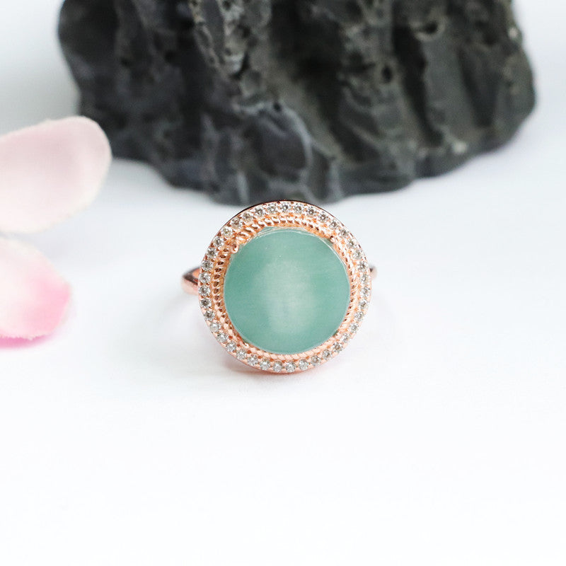 Ice Blue Green Round Jade Sterling Silver Ring