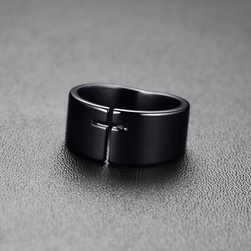 Stainless Steel Hollow Open Cross Ring Men's Black Jewelry