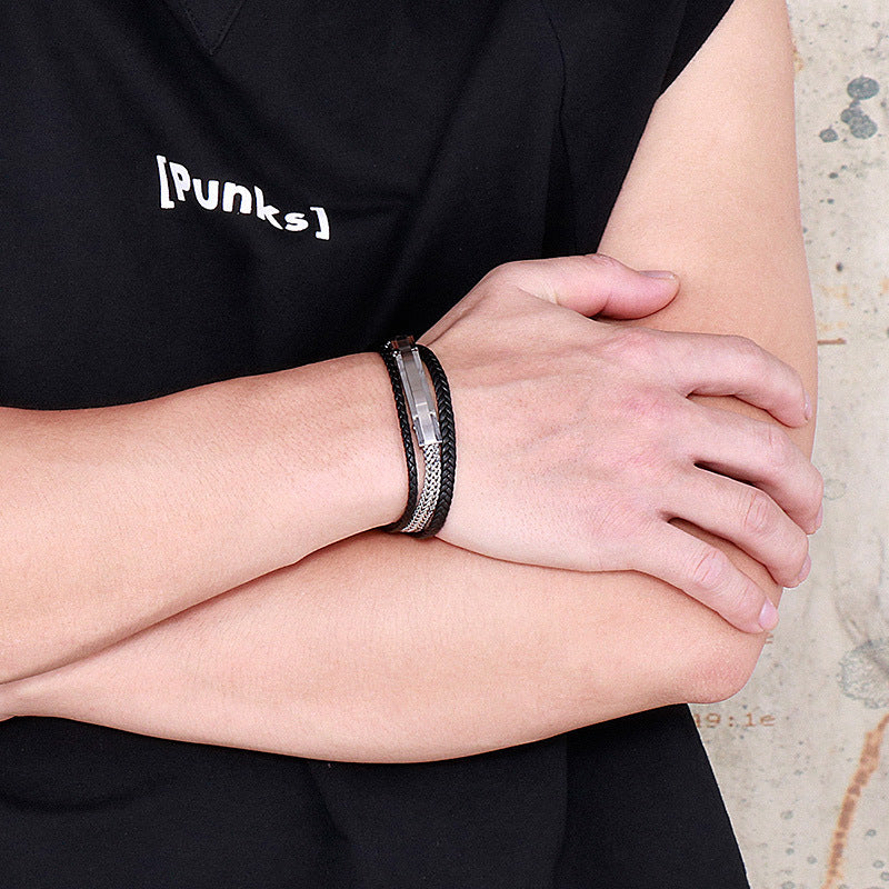 Planderful Stainless Steel Chain Leather Bracelet For Men