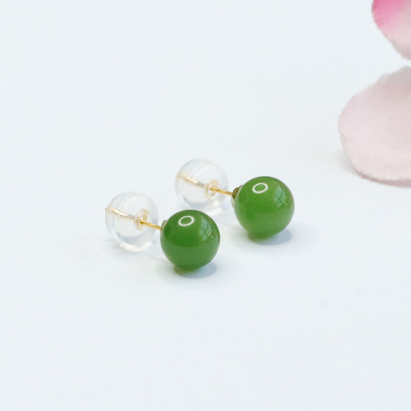 Ear Studs with Natural Hotan Jade Jasper Round Beads - Sterling Silver Jewelry