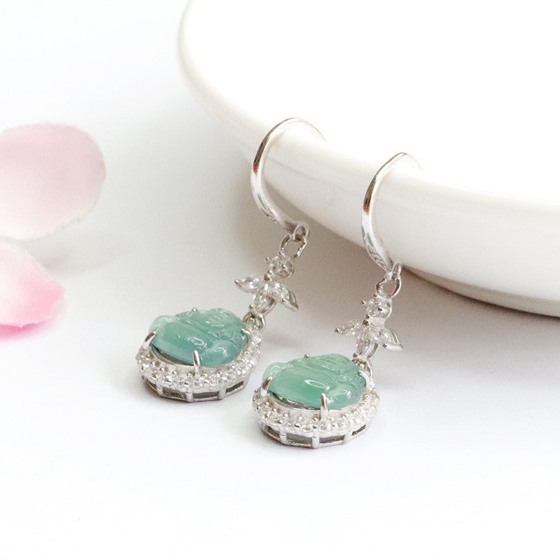 S925 Silver Earrings with Natural Ice Blue Green Jade Buddha Design