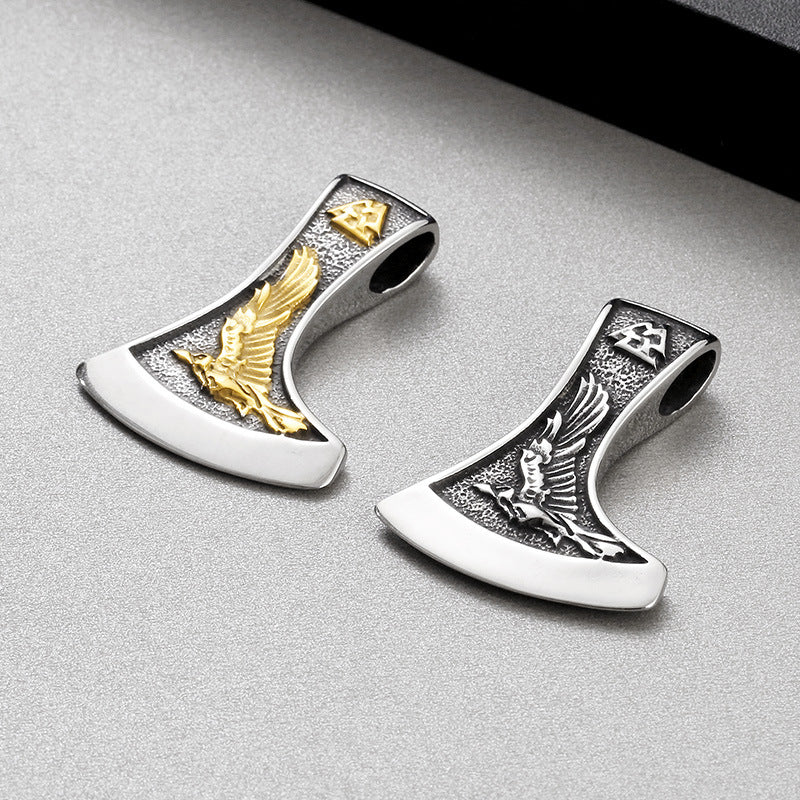 Viking-Inspired Stainless Steel Men's Pendant with Double-Sided Axe and Direwolf Design