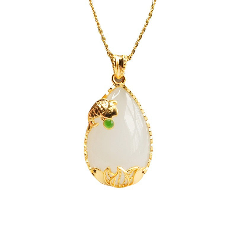 Jade Koi Necklace with Water Drop Hotan Jade Pendant