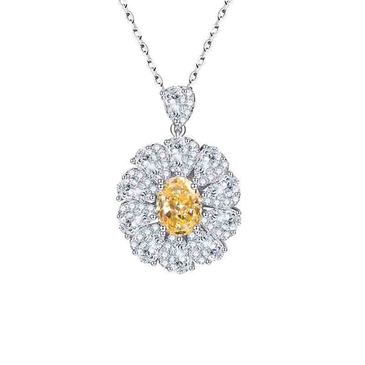Flower Halo Oval Cut Yellow Zircon Silver Necklace