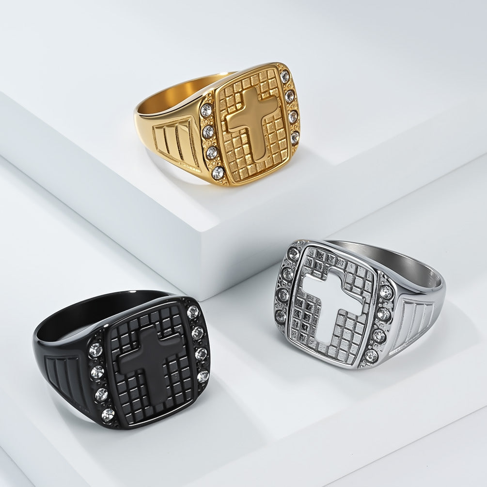 Planderful Cross Titanium Steel Ring For Men With Zircon Inlay Everyday Genie Luxury Jewelry