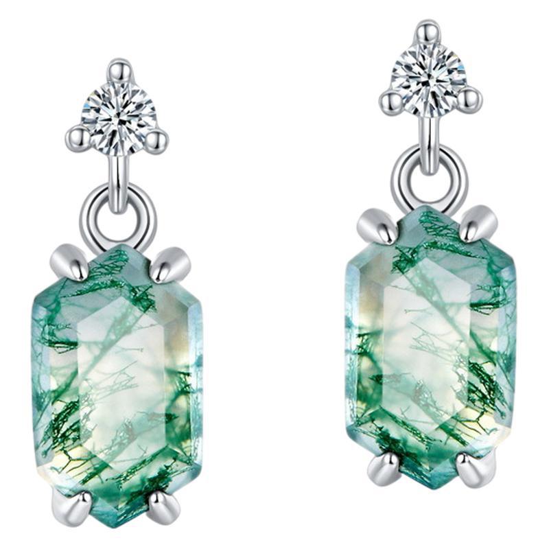 S925 Sterling Silver Moss Agate Minimalist Stud Earrings