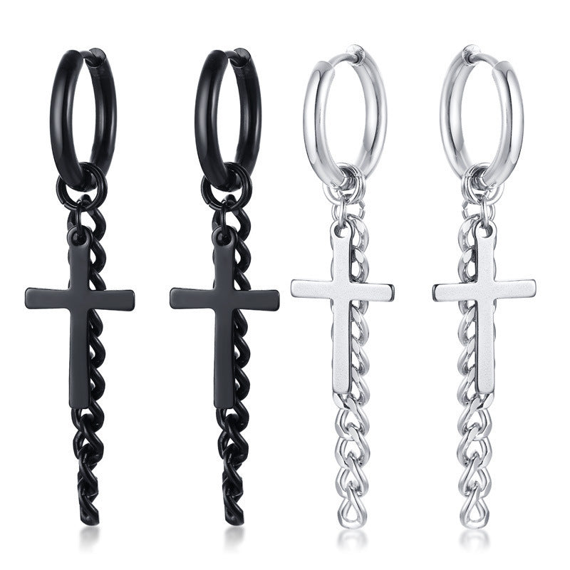 Cross & Chain Hoop Earring — Silver or Black