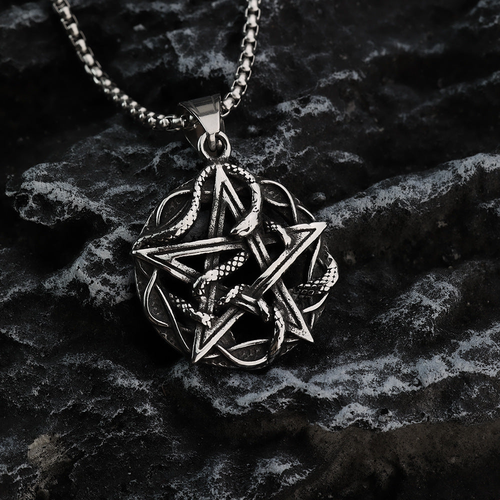 European And American Retro Men's Stainless Steel Pendant Hexagram Snake Necklace