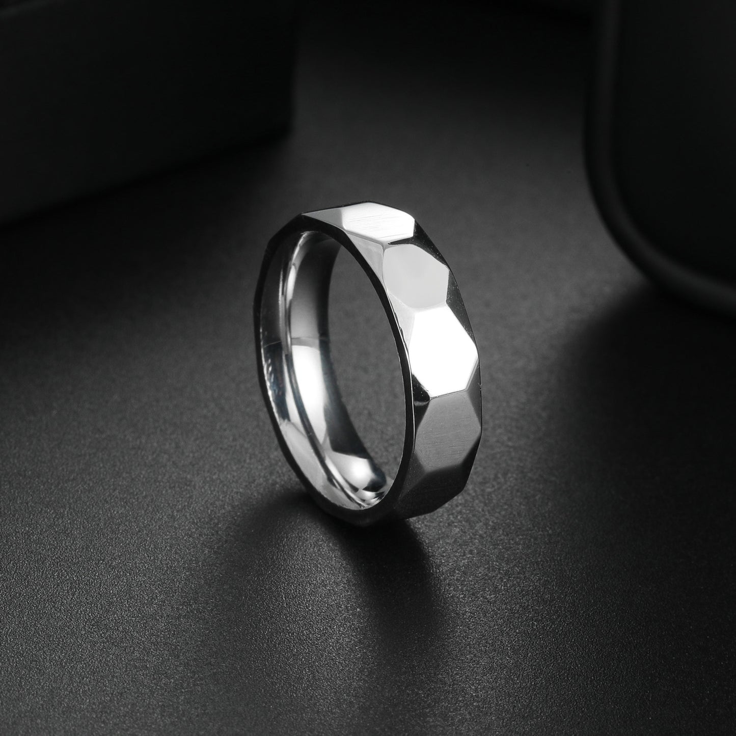 Planderful Collection Everyday Genie Titanium Steel Ring 6mm Geometric Multi Faceted Design Unisex Couples
