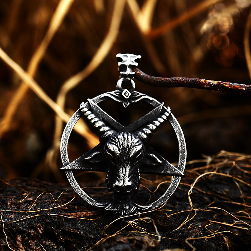 Retro Punk Titanium Steel Pendant with Satanic Pentagram and Sheep Head Design for Men