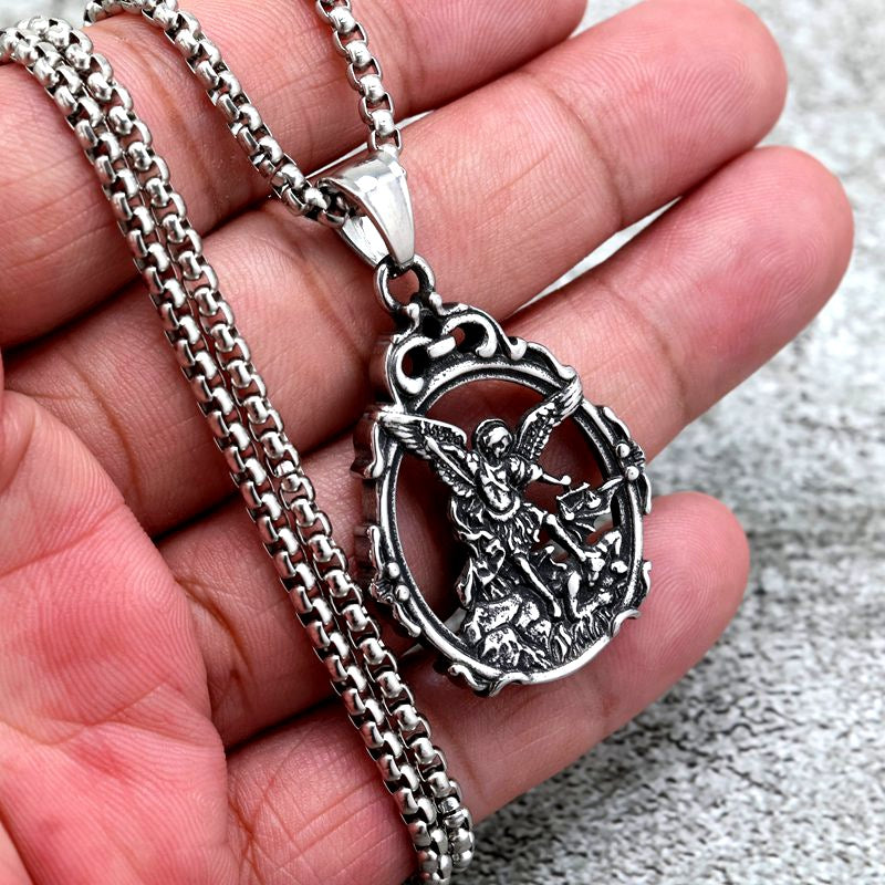 Planderful Shop Vintage Stainless Steel Angel Necklace With Order Of St Michael Pendant For Men And Women