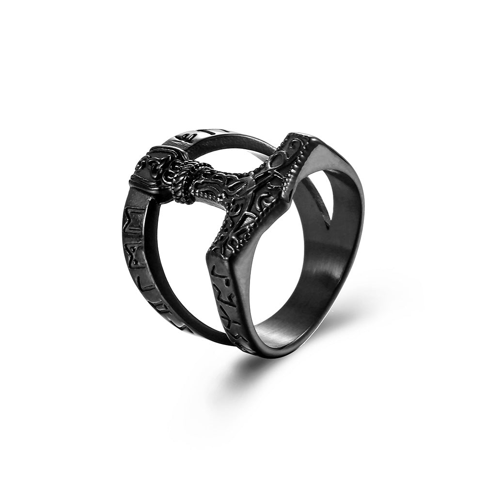 Vintage Nordic Viking Text Quake Titanium Steel Men's Ring