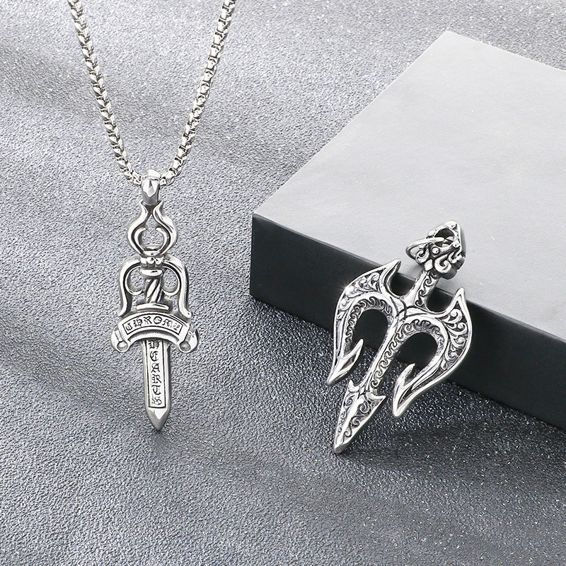 Poseidon Three-Pronged Dry Pendant, Retro Magic Mandela Grass Sword Titanium Steel Men's Pendant Necklace