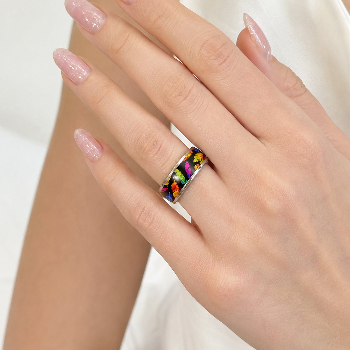 Rainbow Feather Patch Stainless Steel Ring By Planderful Everyday Genie Unisex Statement Jewelry For Bold Fashion Lovers