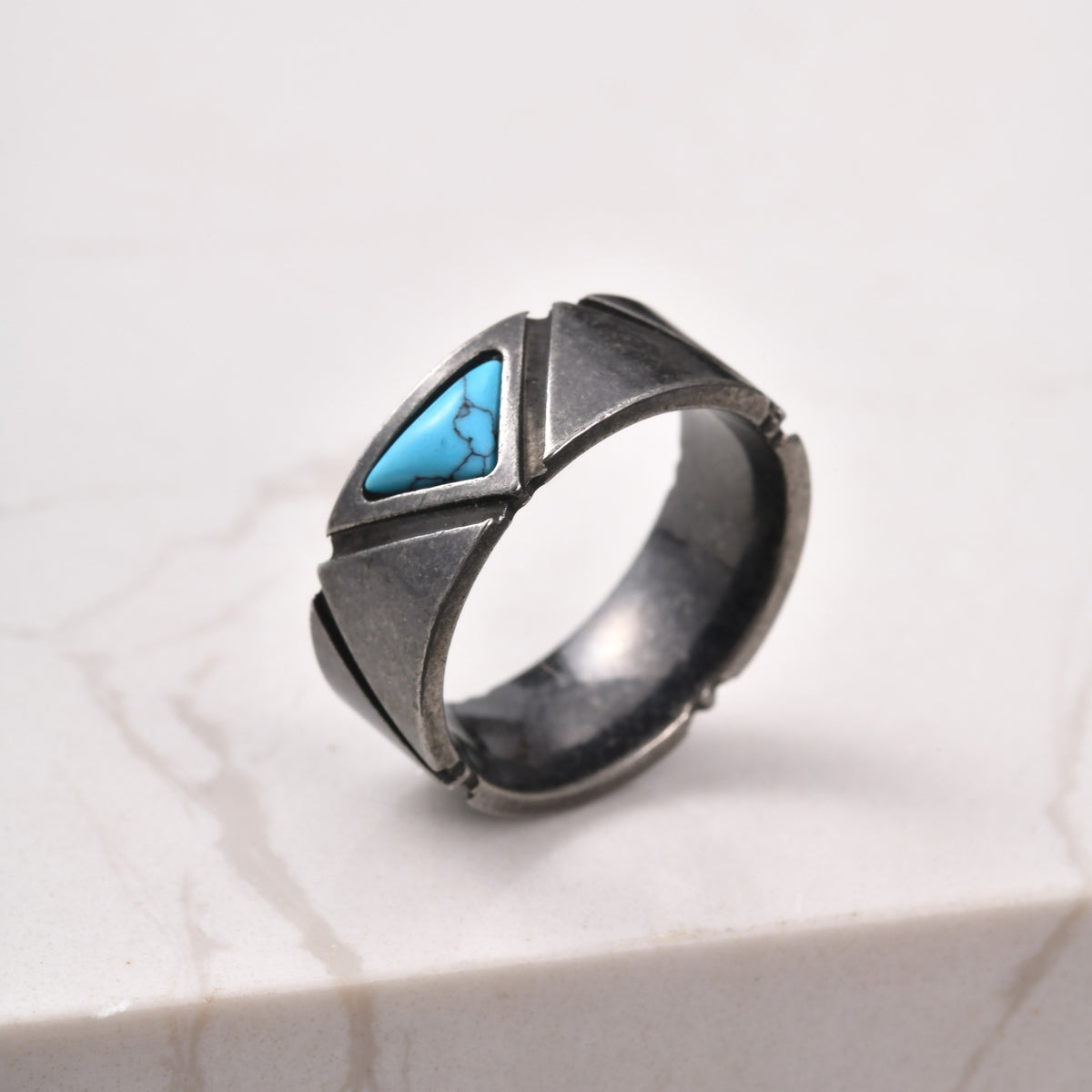Stainless Steel Triangular Turquoise Ring Cool Man Gray