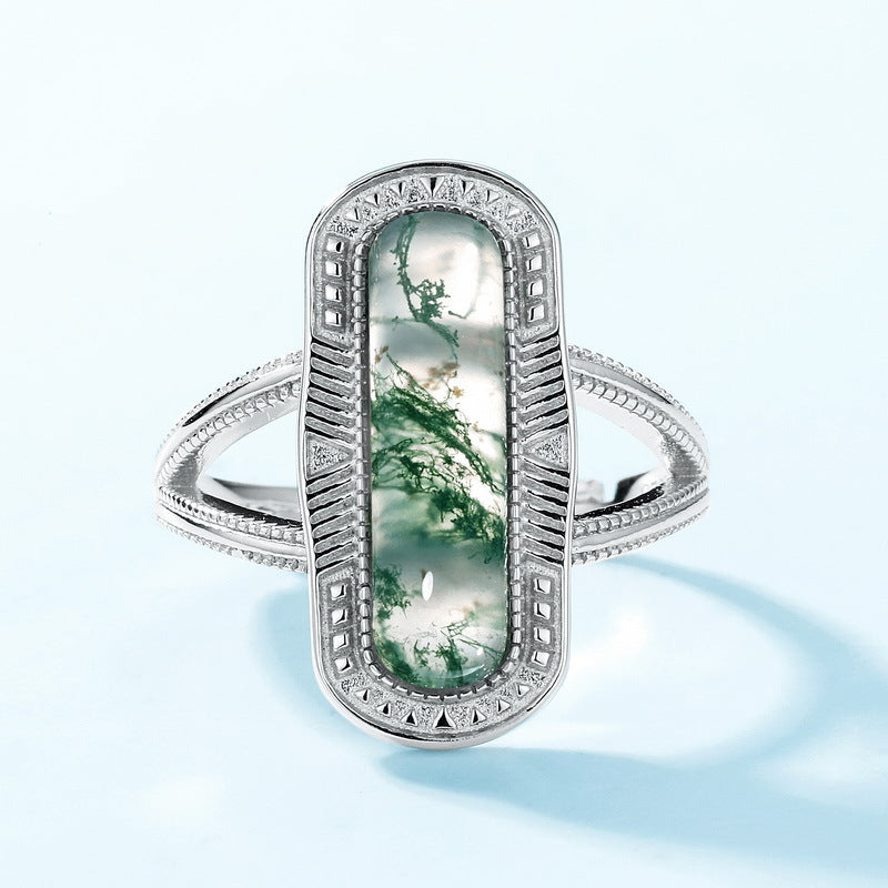S925 Sterling Silver Moss Agate Geometric Ring