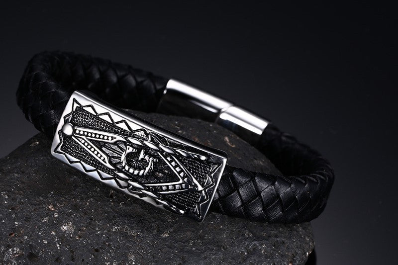 Freemasonry Leather Bracelet Titanium Steel Punk Stainless Steel