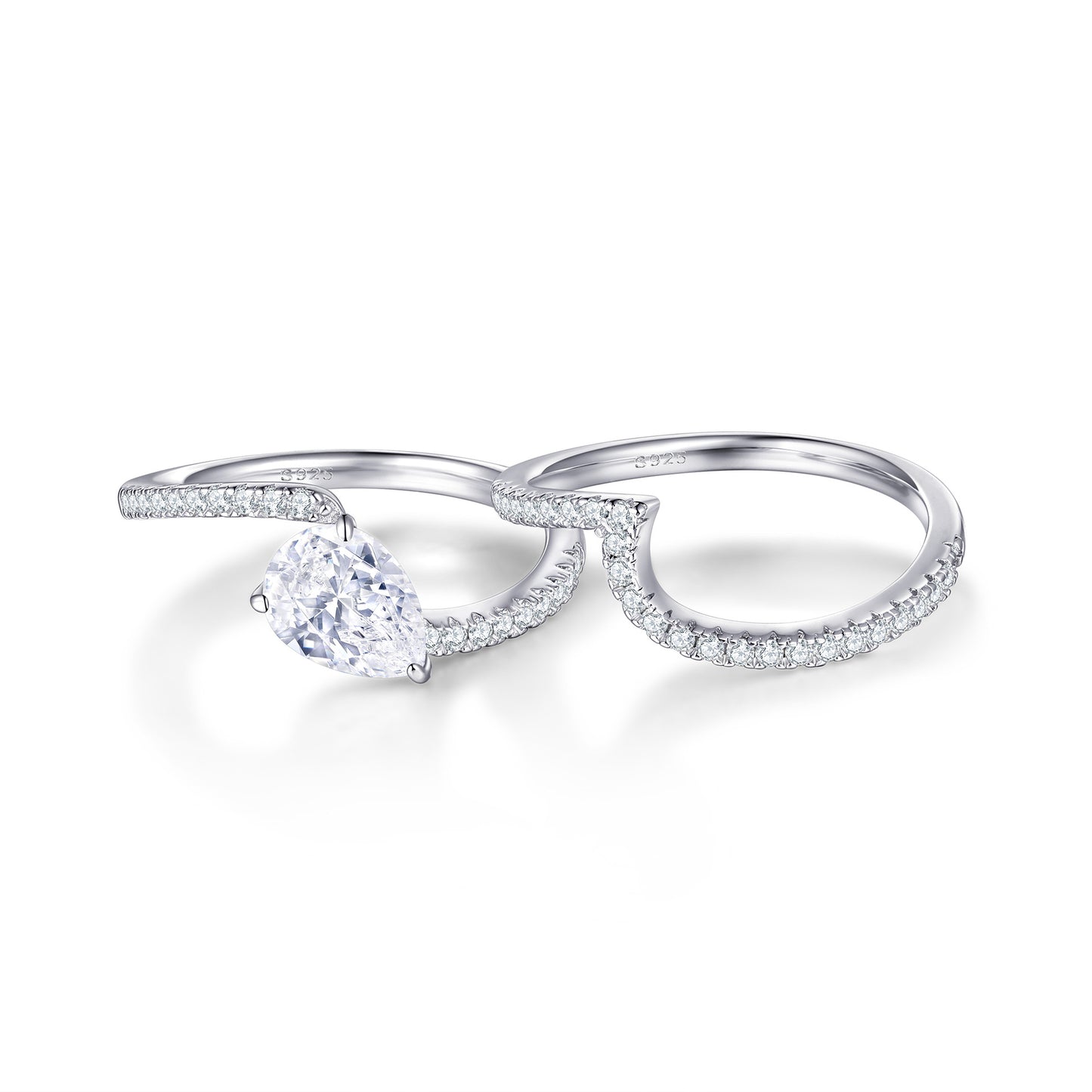 Planderful Everyday Genie 925 Sterling Silver Pear Shaped Zircon Ring Set for Women, Elegant Stackable Design