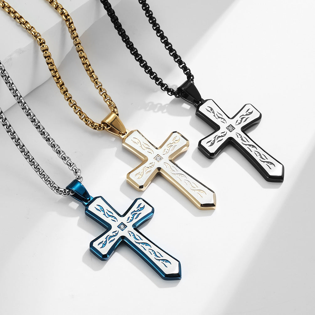 Planderful Flame Cross Pendant Necklace For Men Stainless Steel Versatile Hip Hop Style Everyday Genie