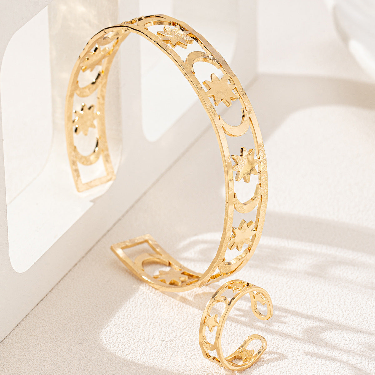 Exaggerated Hollow Star Moon Bracelet Ring Set by Planderful