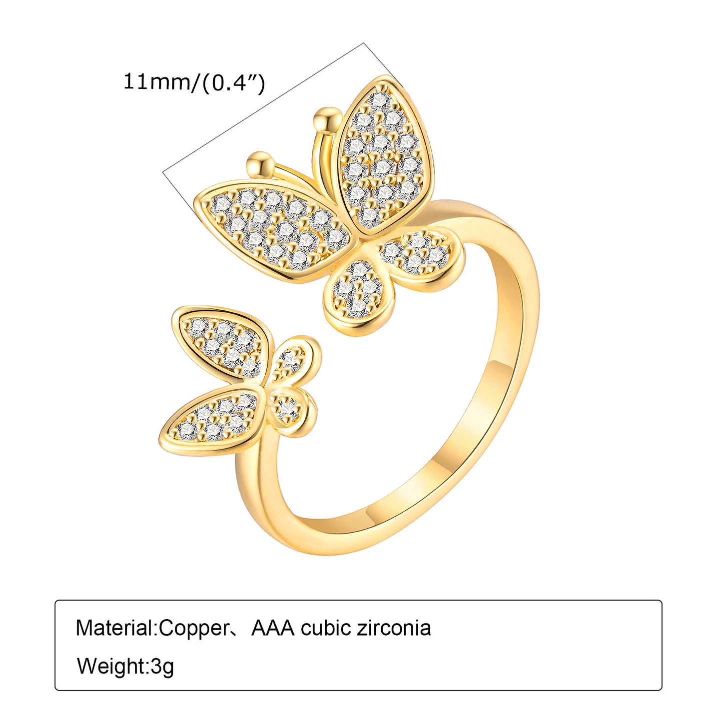 Copper Zircon Butterfly Open Ring Personalized Gold Jewelry