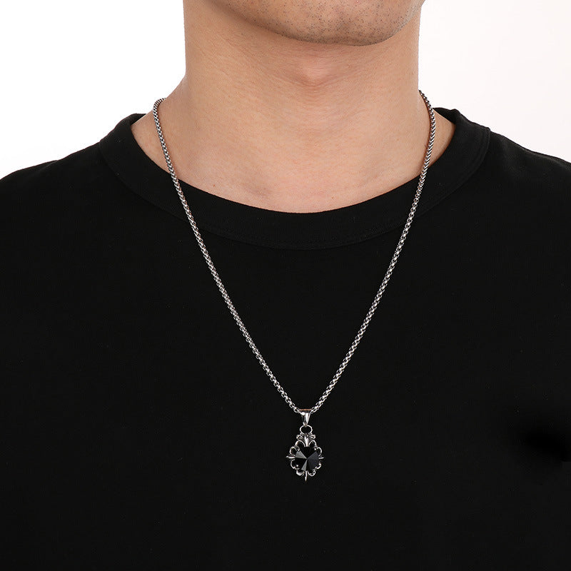 Old Versatile Zircon Cross Flower Sweater Chain, Retro Crown Stainless Steel Men's Pendant. Necklace