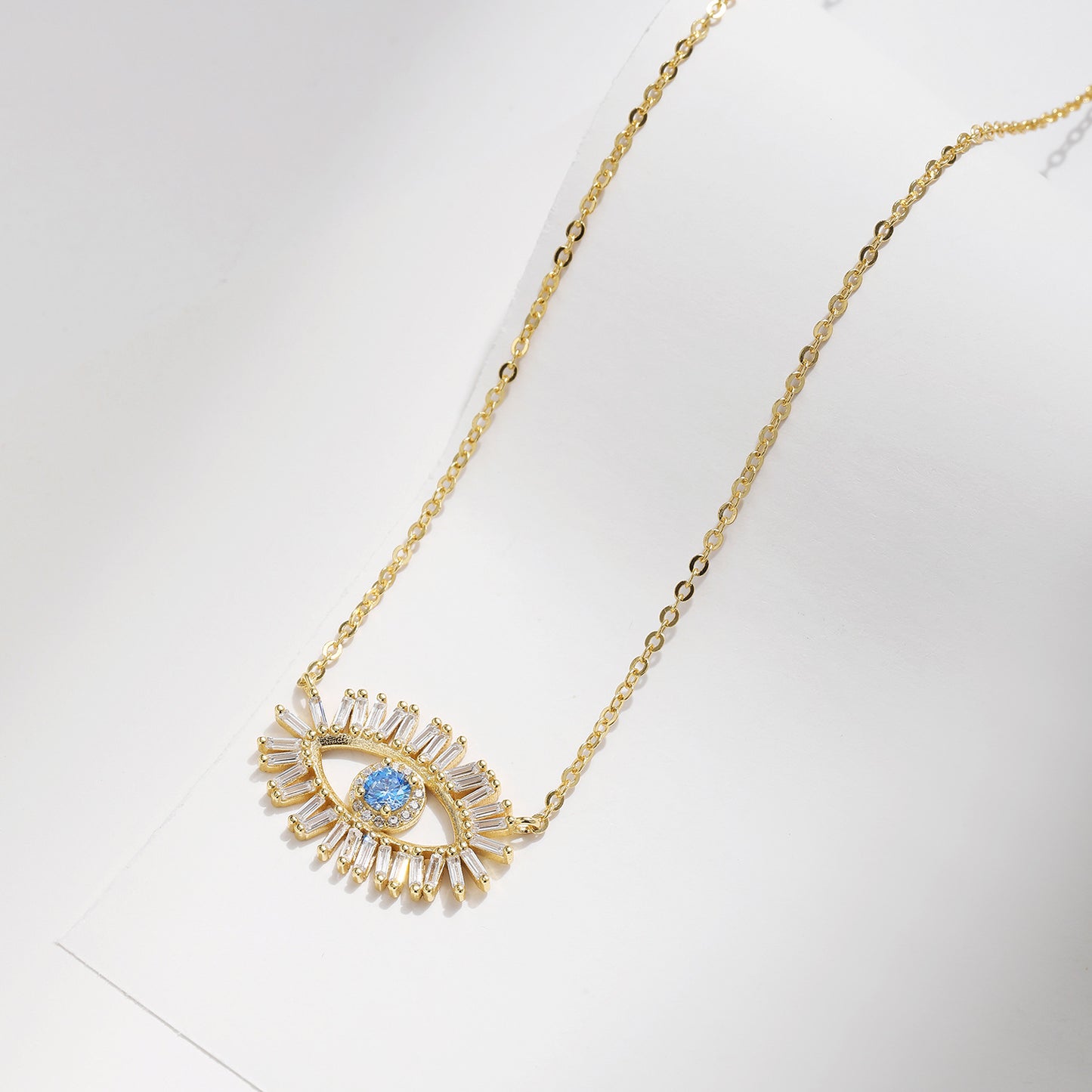 Planderful Collection S925 Sterling Silver Zircon Blue Eye Necklace – Vintage Irregular Ladder Square Design