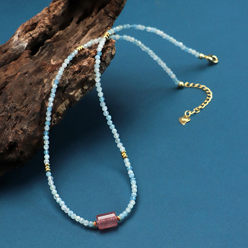 Aquamarine Strawberry Quartz Crystal Necklace
