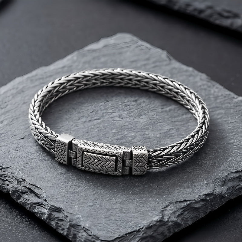 Keel Chain Punk Style 7/10mm Woven Wheat Ear Pattern Stainless Steel Men's Bracelet