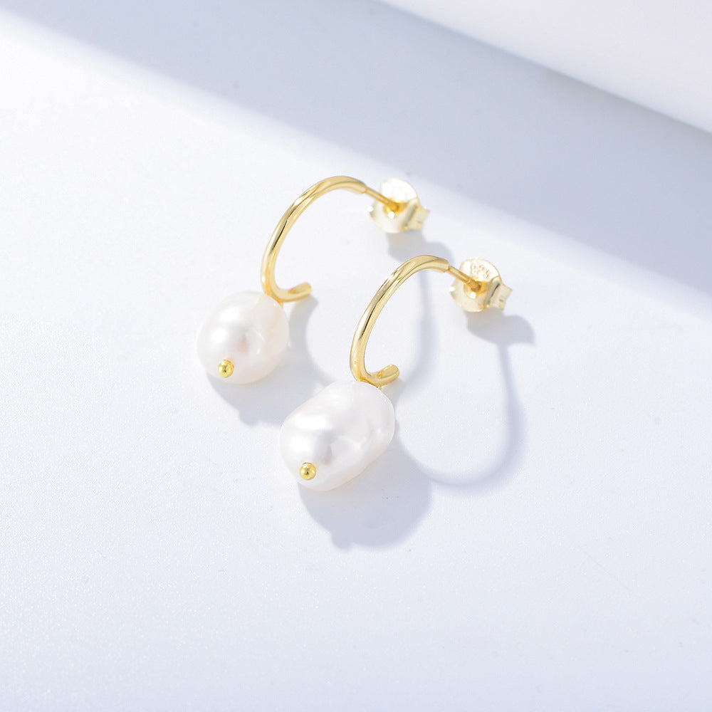 S925 Sterling Silver Irregular Freshwater Pearl Stud Earrings Pendant Baroque Pearl Earrings