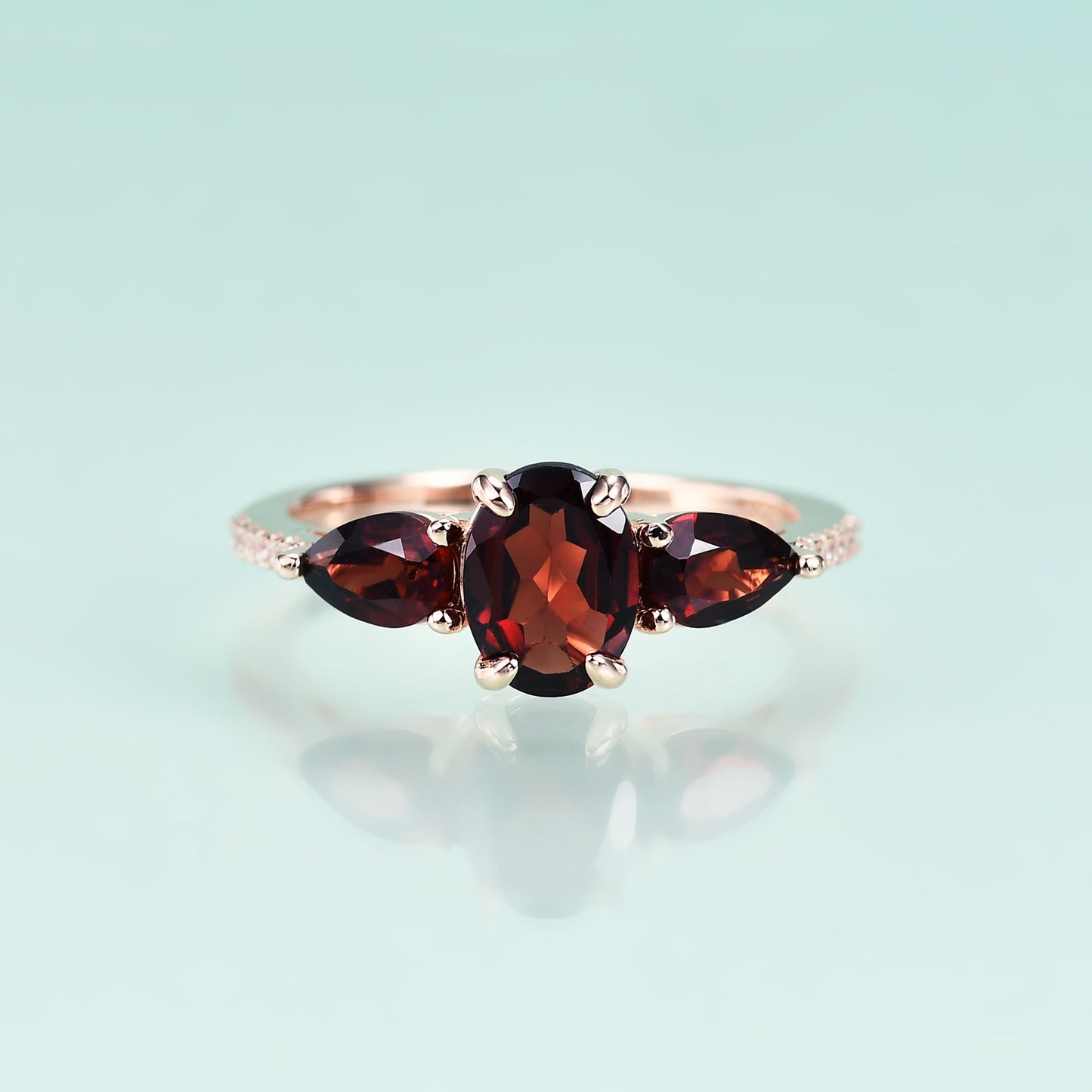 Pear Shape and Oval Shape Natural Garnet Rose Gold Silver Ring