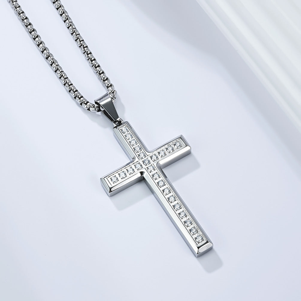 Planderful Unisex Stainless Steel Zircon Inlay Cross Necklace Sleek Everyday Genie Pendant