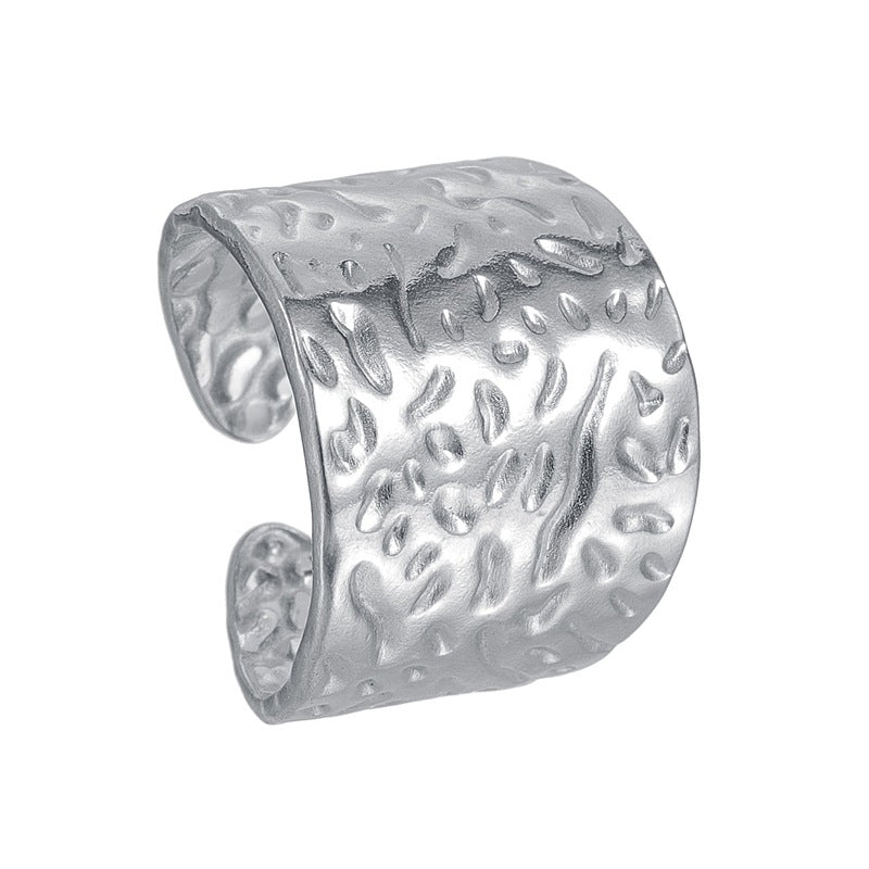 Planderful Stainless Steel Wide Open Ring With Irregular Texture Adjustable Unisex Statement Jewelry For Women And Men
