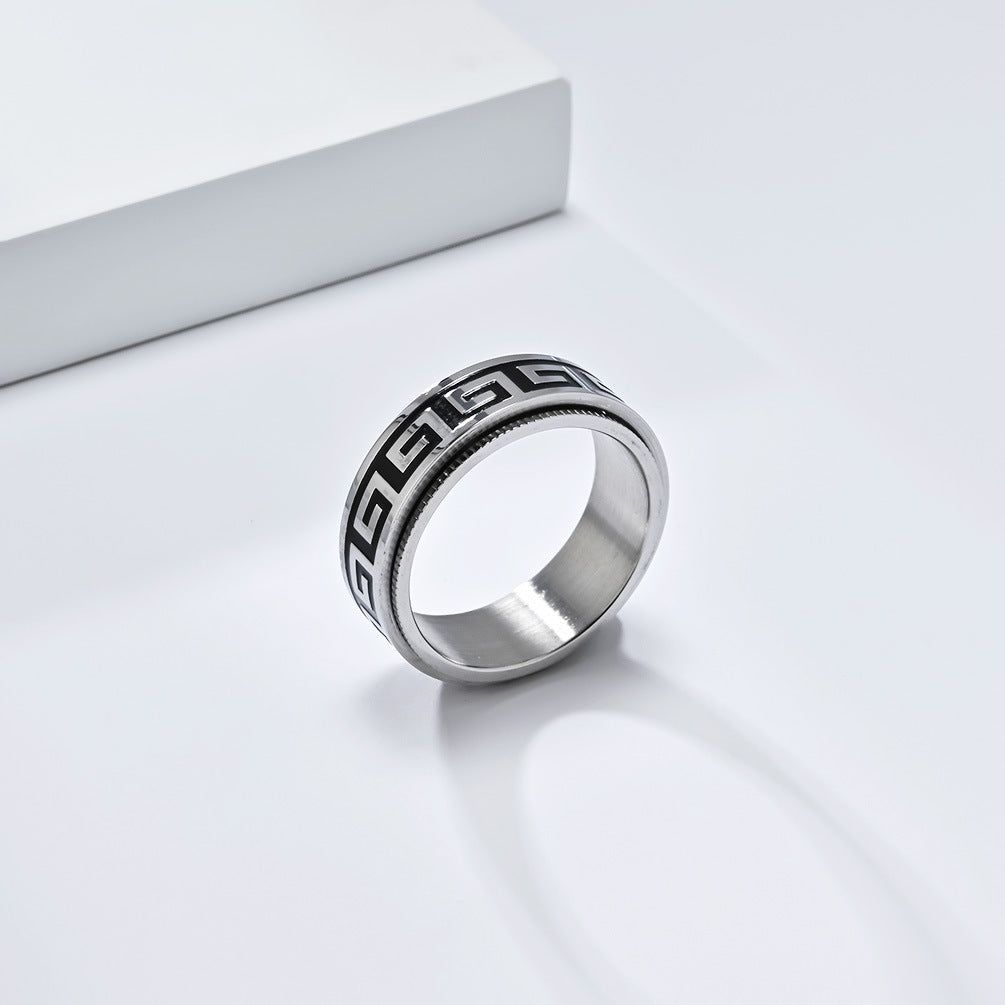 Planderful Rotatable Decompression Ring For Men With Retro Great Wall Pattern In Titanium Steel