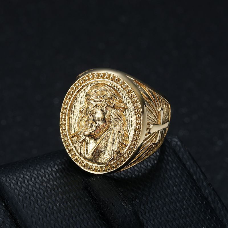 Planderful Everyday Genie Hip Hop Ring For Men Gold Plated Stainless Steel Jesus Cross Bold Jewelry