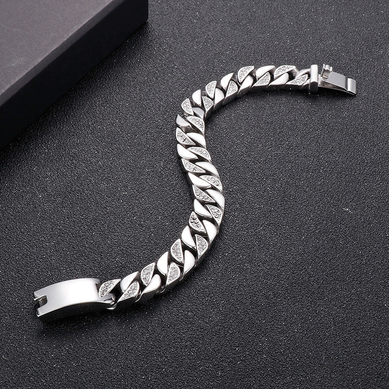 Korea Dongdaemun Glossy – Generous Titanium Steel Men's Zircon Cuban Chain Bracelet