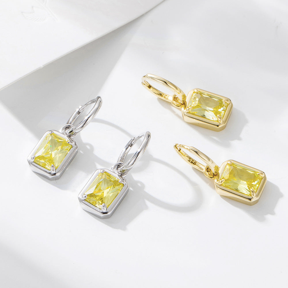 Zircon Inlaid Square Pendant Earrings Sterling Silver Earclips Fringed Earrings