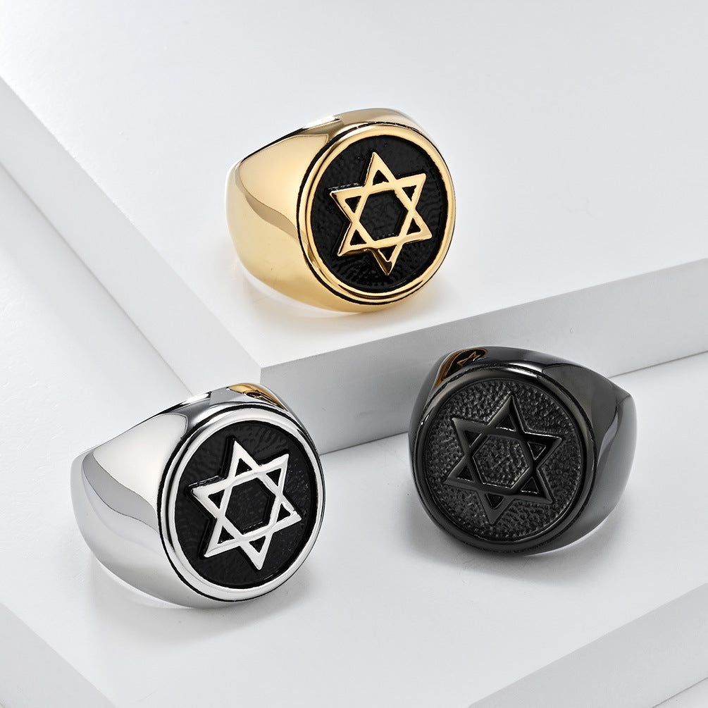 Retro Hexagram Titanium Steel Ring for Men Advanced Style