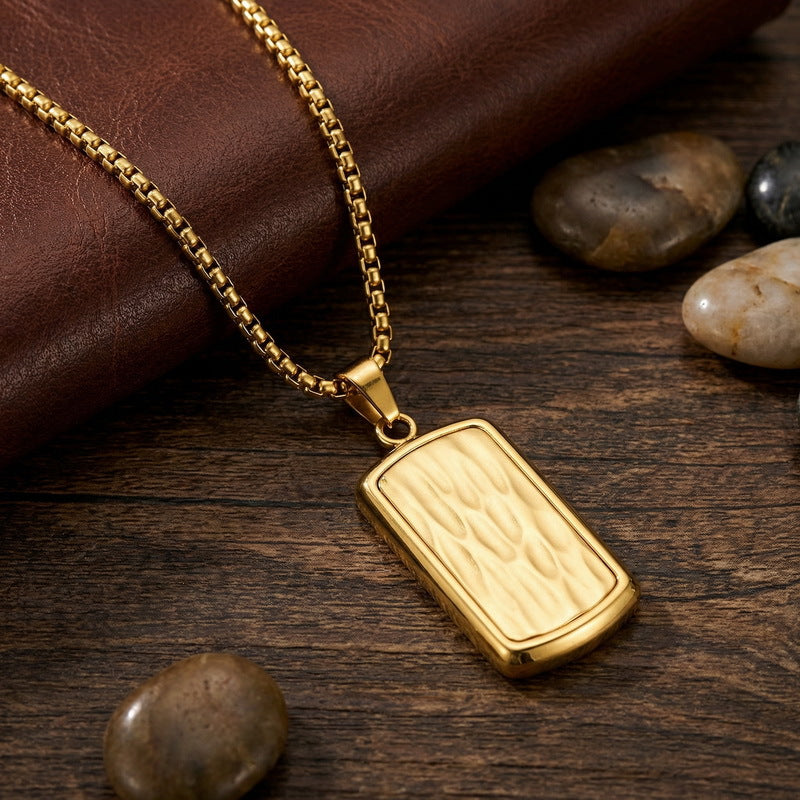 Military Brand Square Pearl Chain Necklace, And Wave Pattern Square Brand Stainless Steel