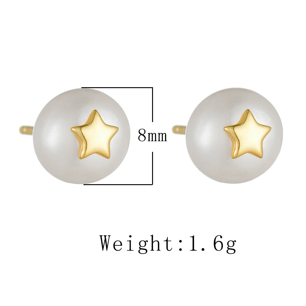 S925 Sterling Silver Pentagram Plug Flower Hat Natural Pearl Stud Earrings French Retro