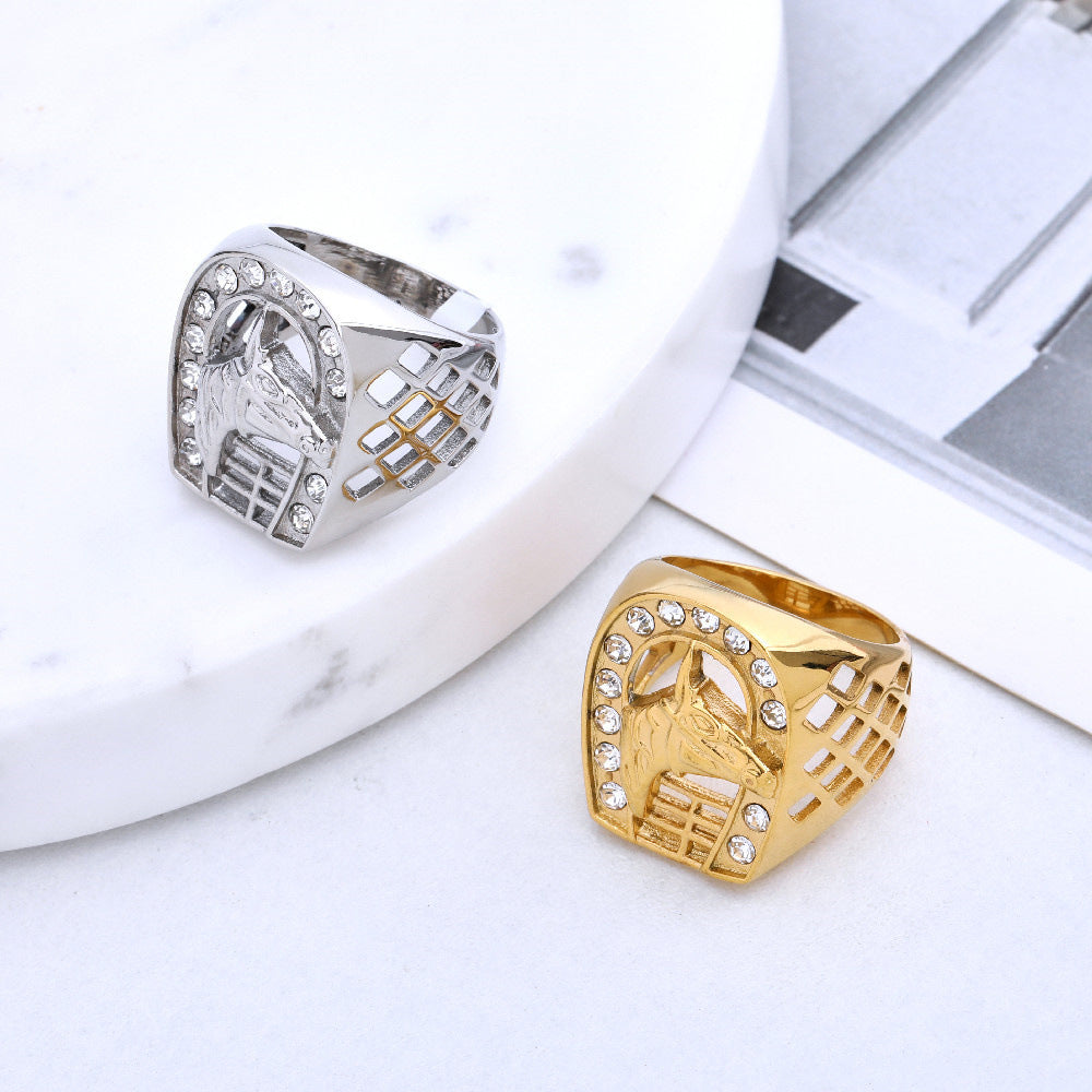 European and American Fashion Diamond Horseshoe Titanium Ring for Men