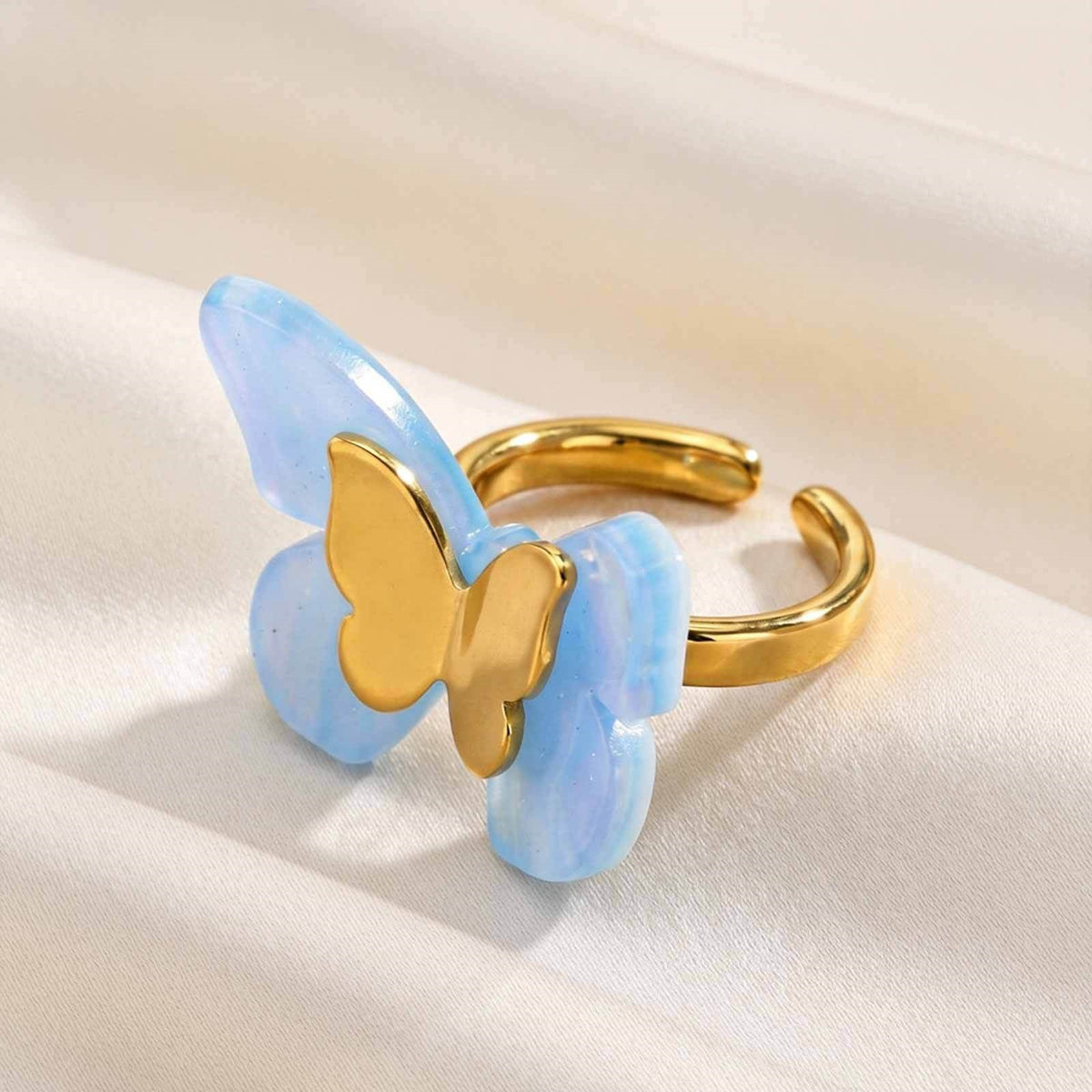 Cold Style Stainless Steel Blue Butterfly Double-Layer Open Ring