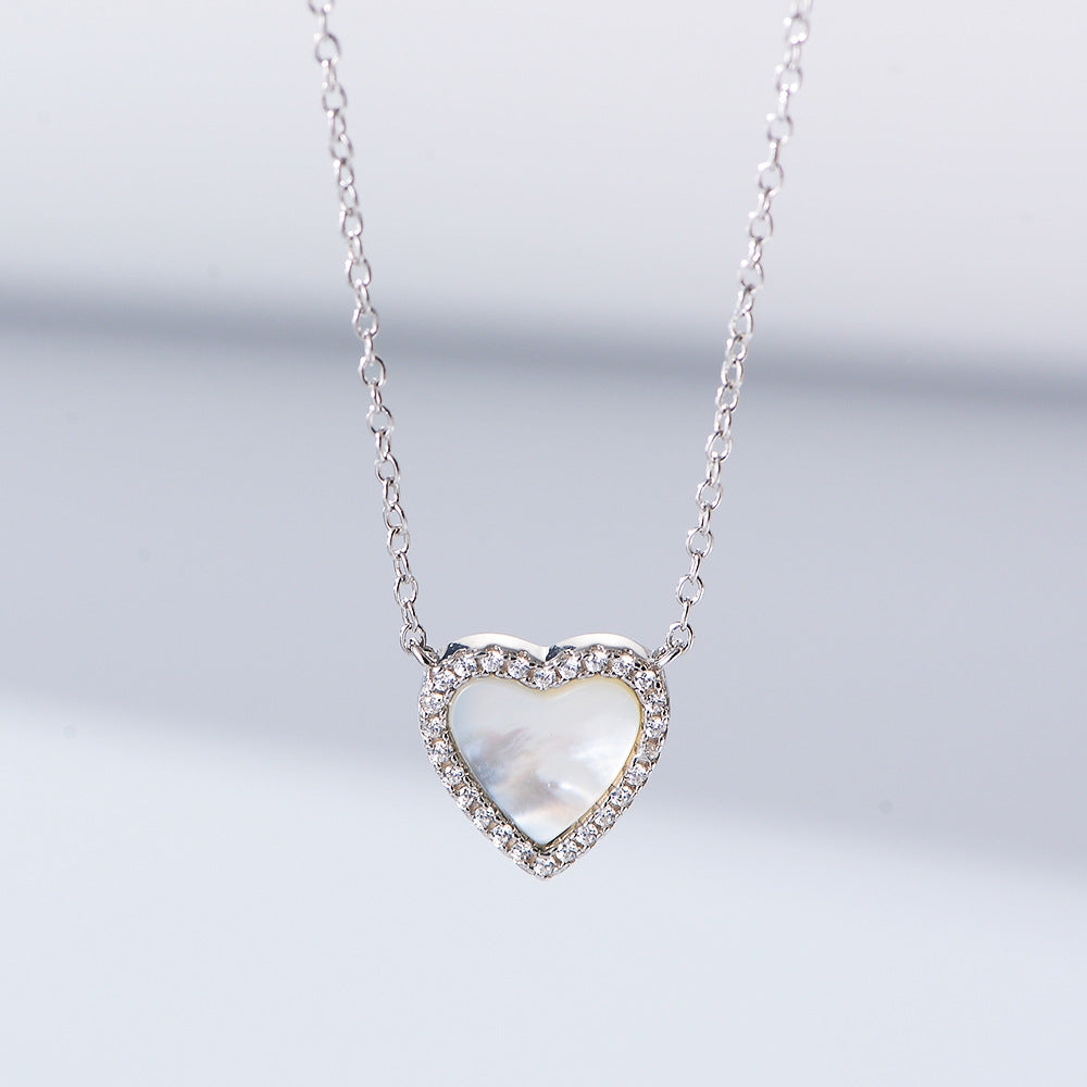 S925 Sterling Silver Love-Shaped Shell Pendant Necklace Korean Version Zircon