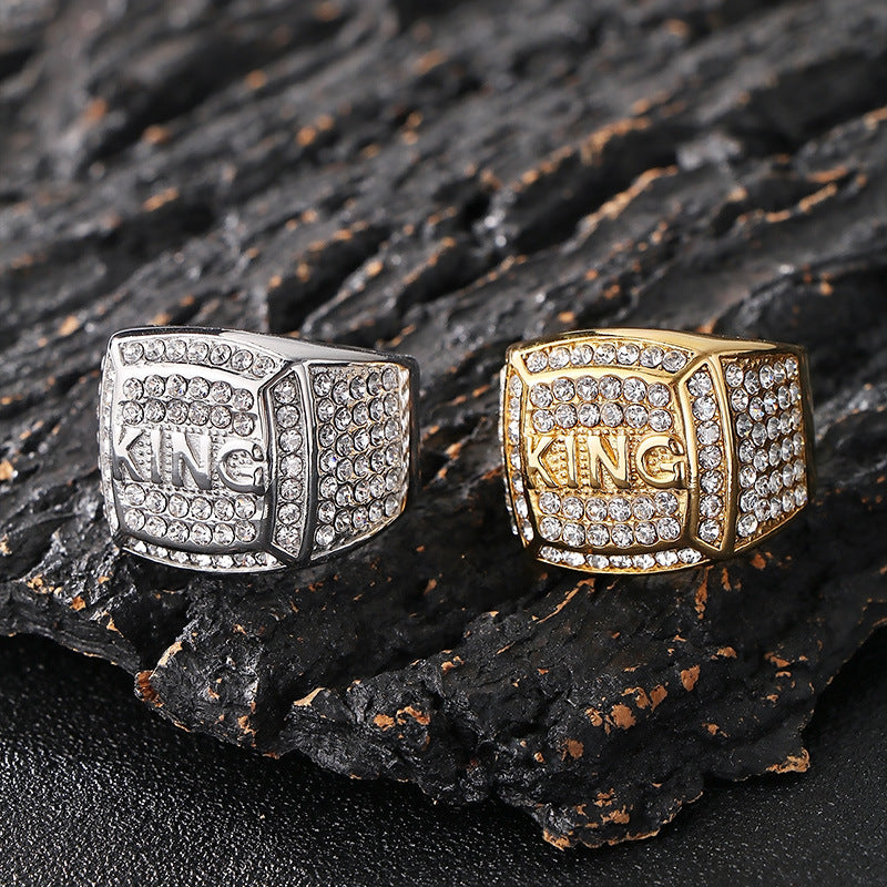 Planderful Zircon Square Ring Gold Plated Hip Hop King Men